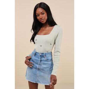 Lulus Quaint Poise Sage Ribbed Embroidered Long Sleeve Sweater Top Green